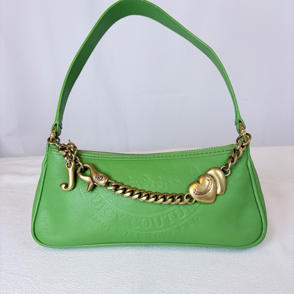 Juicy Couture Vtg 90s Y2K Green Leather Mini Baguette Shoulder Bag Heart Charm
